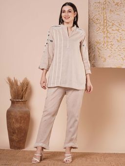 FASHOR - Mirror Work Embroidered Straight Fit Tunic & Pant - Beige (Set of 2)