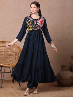 FASHOR - Floral Threadwork Embroidered A-Line Kurta With Lurex Pant - Navy Blue (Set of 2)