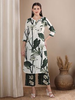 FASHOR - Floral Printed Straight Fit Kurta With Palazzo - Off White (Set of 2)