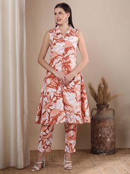 FASHOR - Floral Printed A-Line Flared Co-Ord - Peach (Set of 2)