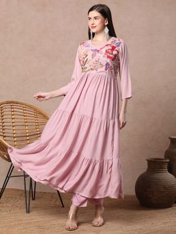 FASHOR - Floral Threadwork Embroidered A-Line Tiered Kurta With Lurex Pant - Pink (Set of 2)