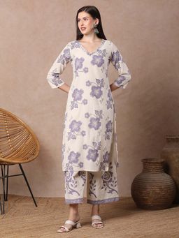 FASHOR - Floral Printed Straight Fit Kurta With Palazzo - Off White (Set of 2)