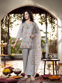Tikhi Imli - Steel Grey Color Silk Blend V-Neck Straight Kurti & Palazzo with Dupatta (Set of 3)