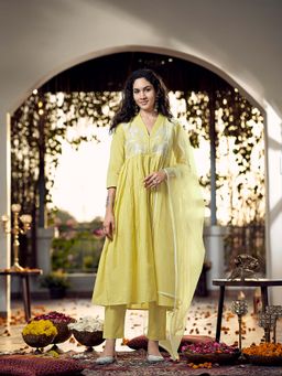 Tikhi Imli - Yellow Cotton Gathered Kurta with Pant & Dupatta (Set of 3)