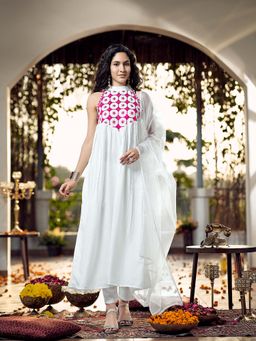 Tikhi Imli - White Halter Neck Gathered Rayon Kurta with Pant & Dupatta (Set of 3)