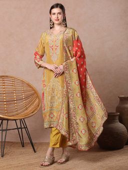 FASHOR - Floral Printed And Embroidered Kurta With Pant And Dupatta - Yellow (Set of 3)