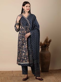 FASHOR - Floral Printed And Embroidered Angrakha Kurta With Pant And Dupatta - Blue (Set of 3)