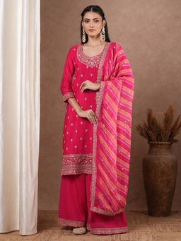 FASHOR - Zari Embroidered Kurta With Flared Palazzo And Leheriya Dupatta - Pink (Set of 3)