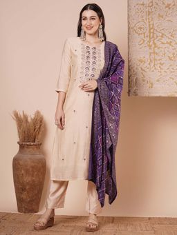FASHOR - Ethnic Embroidered Straight Fit Kurta With Pant And Bandhani Dupatta - Cream (Set of 3)