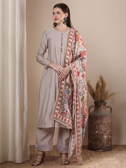 FASHOR - Ethnic Flared Kurta With Pant And Printed Dupatta - Taupe (Set of 3)