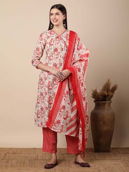 FASHOR - Floral Printed Embroidered Kurta With Pant And Dupatta - Off White (Set of 3)