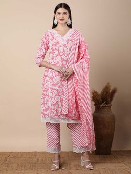 FASHOR - Floral Printed Embroidered Straight Fit Kurta With Pant And Dupatta - Pink (Set of 3)