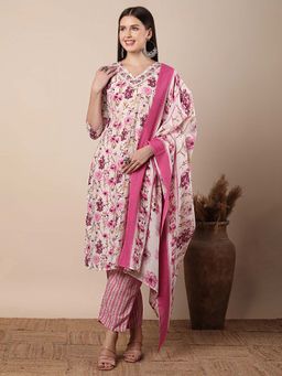FASHOR - Floral Printed Embroidered Kurta With Pant And Dupatta - Off White (Set of 3)