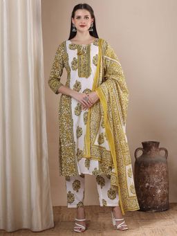 FASHOR - Floral Printed And Embroidered Kurta With Pant And Dupatta - Mustard (Set of 3)