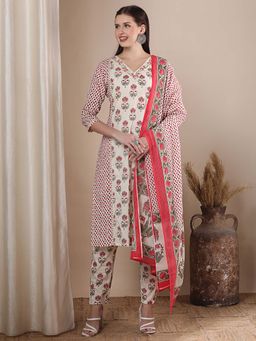 FASHOR - Floral Printed And Embroidered Kurta With Pant And Dupatta - Off White (Set of 3)