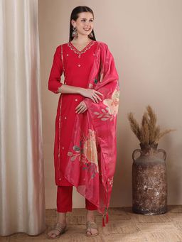 FASHOR - Ethnic Floral Embroidered Straight Fit Kurta With Pant And Dupatta - Pink (Set of 3)