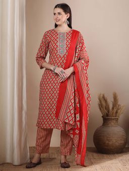 FASHOR - Floral Printed And Embroidered Kurta With Pant And Dupatta - Red (Set of 3)