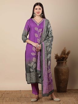 FASHOR - Bandhani Printed And Gota Patti Kurta With Pant And Dupatta - Purple (Set of 3)