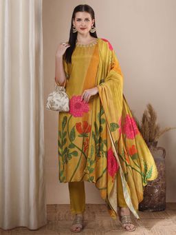 FASHOR - Floral Printed And Embroidered Kurta With Pant And Dupatta - Yellow (Set of 3)