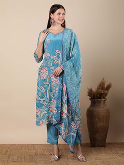FASHOR - Floral Printed Straight Fit Kurta With Pant And Dupatta - Blue (Set of 3)