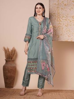 FASHOR - Ethnic Floral Embroidered Straight Fit Kurta With Pant And Dupatta - Blue (Set of 3)