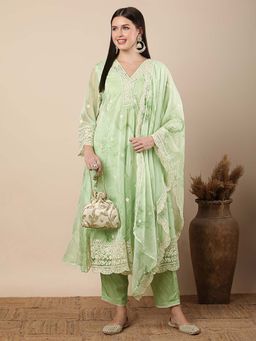FASHOR - Printed And Floral Embroidered Flared Kurta With Pant And Dupatta - Green (Set of 3)