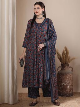 FASHOR - Ethnic Floral Printed Embroidered Flared Kurta With Pant And Dupatta - Blue (Set of 3)