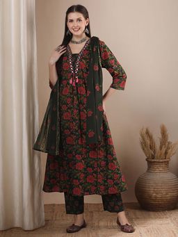 FASHOR - Ethnic Floral Printed Embroidered A-Line Kurta With Pant And Dupatta - Green (Set of 3)