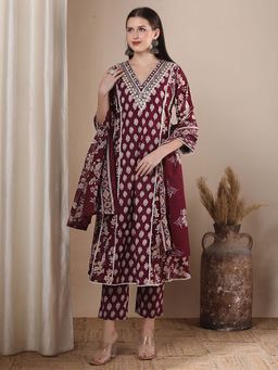FASHOR - Floral Printed Embroidered A-Line Kurta With Pant And Dupatta - Burgundy (Set of 3)