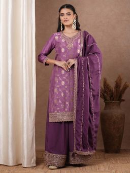 FASHOR - Ethnic Embroidered Jacquard Straight Kurta With Palazzo And Dupatta - Purple (Set of 3)