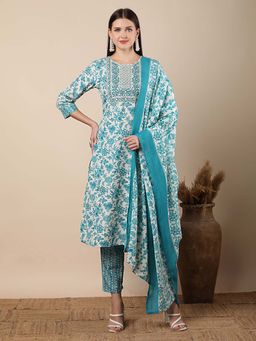 FASHOR - Floral Printed And Embroidered Kurta With Pant And Dupatta - Turquoise Blue (Set of 3)