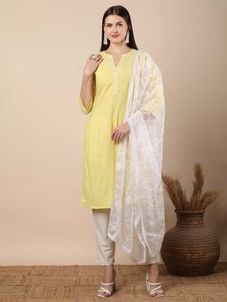 FASHOR - Stripes Woven Straight Fit Kurta With Pant And Dupatta - Yellow (Set of 3)