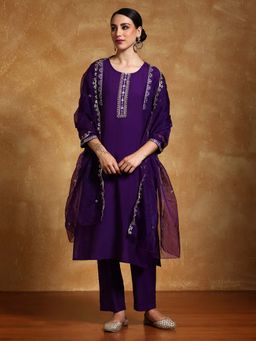Varanga - Women Thread And Sequin Embroidered Kurta With Pant And Scallop Dupatta (Set of 3)