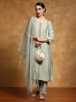 Varanga - Women Thread And Sequin Embroidered Kurta With Pant And Scallop Dupatta (Set of 3)