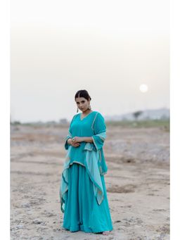 Daljit Sudan - Aqua Crepe Embroidered Flowy Lehenga (Set of 3)