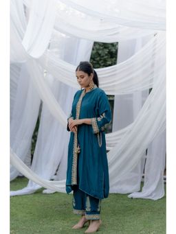 Daljit Sudan - Peacock Blue Zari Theard Kurta (Set of 2)