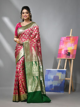 CHARUKRITI - Hot Pink Silk Banarasi Saree with Zari Woven Designs & Unstitched Blouse