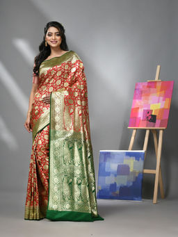 CHARUKRITI - Red Silk Banarasi Saree with Zari Woven Designs & Unstitched Blouse