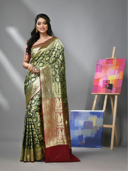 CHARUKRITI - Hunter Green Silk Banarasi Saree with Zari Woven Designs & Unstitched Blouse
