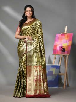 CHARUKRITI - Brown Silk Banarasi Saree with Zari Woven Designs & Unstitched Blouse