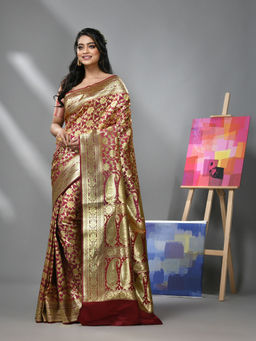 CHARUKRITI - Wine Silk Banarasi Saree & Unstitched Blouse