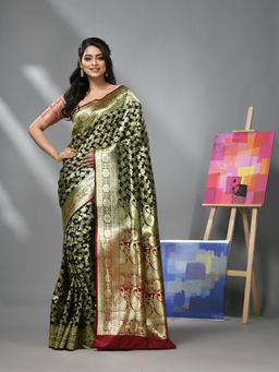 CHARUKRITI - Black Silk Banarasi Saree with Zari Woven Designs & Unstitched Blouse