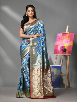 CHARUKRITI - Sky Blue Silk Banarasi Saree with Zari Woven Designs & Unstitched Blouse