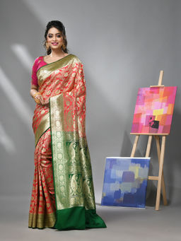 CHARUKRITI - Coral Silk Banarasi Saree with Zari Woven Designs & Unstitched Blouse