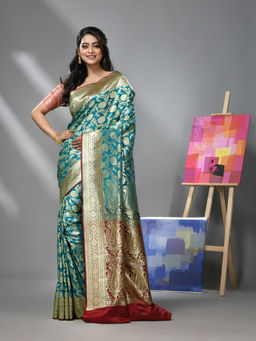 CHARUKRITI - Teal Blue Silk Banarasi Saree with Zari Woven Designs & Unstitched Blouse