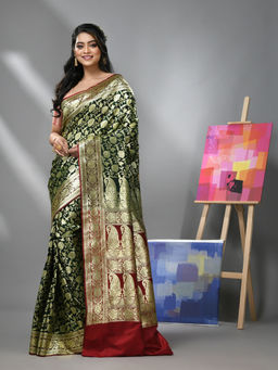 CHARUKRITI - Dark Green Silk Banarasi Saree with Zari Woven Designs & Unstitched Blouse