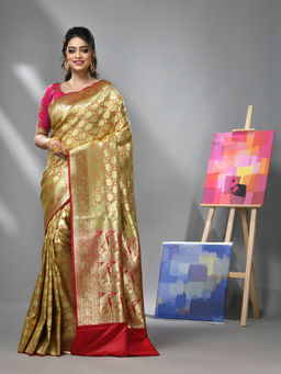 CHARUKRITI - Peach Silk Banarasi Saree with Zari Woven Designs & Unstitched Blouse