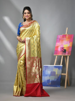 CHARUKRITI - Dijon Yellow Silk Banarasi Saree with Zari Woven Designs & Unstitched Blouse