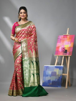 CHARUKRITI - Magenta Silk Banarasi Saree with Zari Woven Designs & Unstitched Blouse