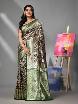 CHARUKRITI - Sangria Silk Banarasi Saree with Zari Woven Designs & Unstitched Blouse